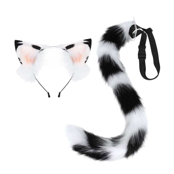 Diadema con orejas de gato y cola, orejas de animales, regalos divertidos de Halloween, vestido con orejas de felpa, accesorios de disfraz con orejas Blanco negro Yinane Cola