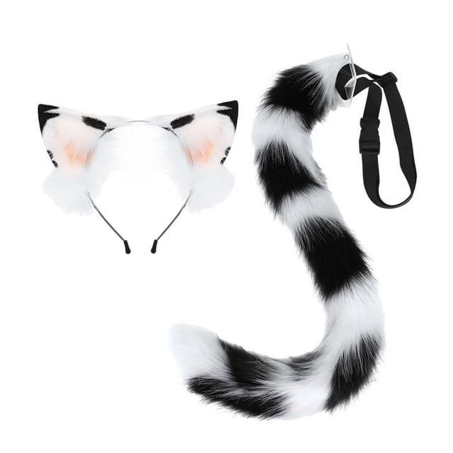 BELOVING Serre-Tête Oreilles de Chat et Accessoire de Costume à Longue Queue pour Jeu de Rôle de Carnaval Noir Blanc
