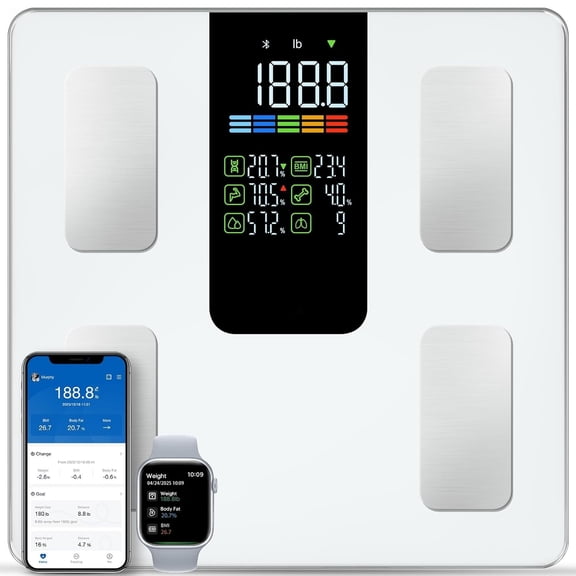 Smart Scale for Body Weight, BMI, Body Fat, Muscle Mass, Digital Bathroom Scales 500lbs for Bluetooth Weight Monitor 11.8" Large Platform Weighing Machine Health Analyzer with App, White