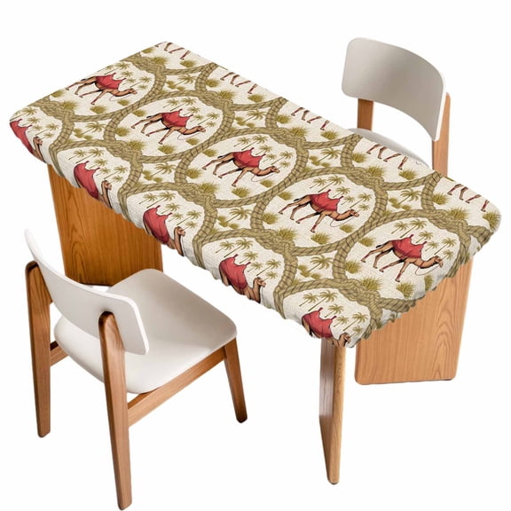 Camels Palm Trees Table Cloths for 3 Foot Rectangle Tables, Desert Date Coconut Trees Leaves Cords Beige Patio Waterproof Elastic Fitted Tablecloths, Washable Rectangular Table Cover for Camping