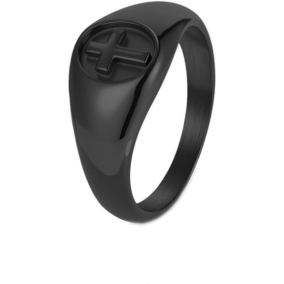 BQF Men Women Glossy Stainless Steel Round Cross Signet Ring