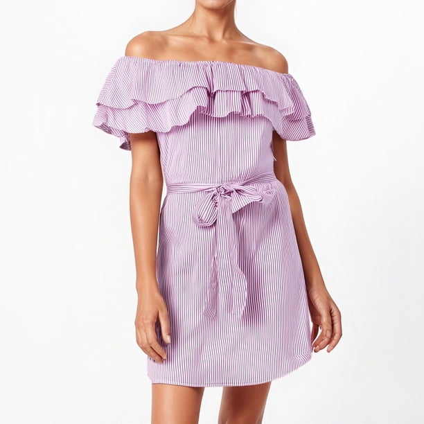 WILLBEST Vestido Portátil Para Mujer, Vestido Casual De Manga Corta A Rayas Con Hombros Descubiertos Y Mangas Con Volantes, Uso Diario, Vestido Básico Liso De Primavera Y Verano Con Collar