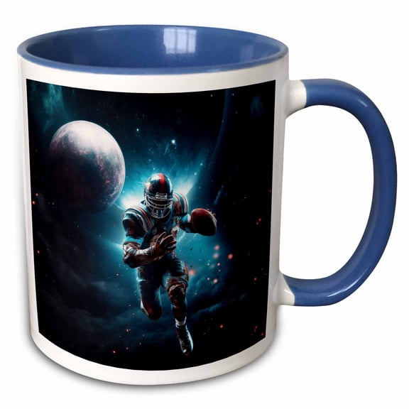 3drose, an American Football Player in Outer Space with a Galaxy Stadium., 11oz Two-tone Blue Mug