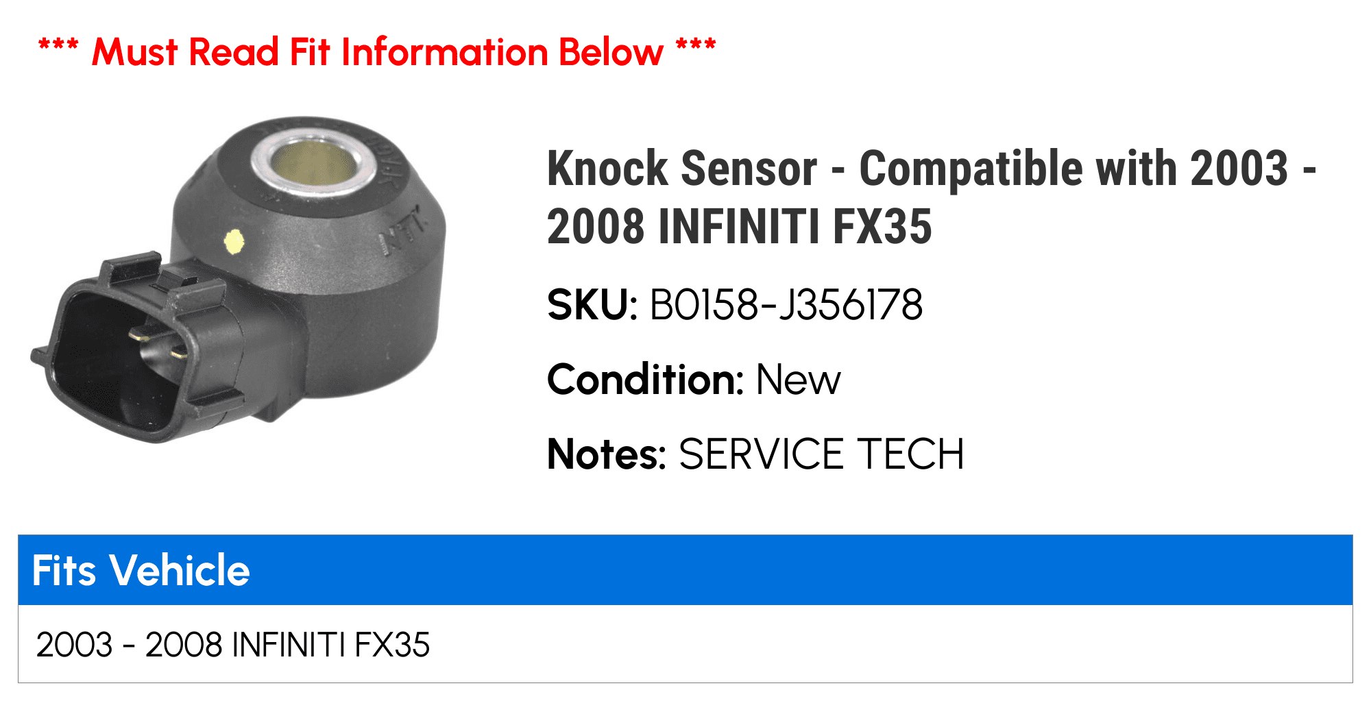 Knock Sensor - Compatible with 2003 - 2008 INFINITI FX35 2004 2005 2006 2007