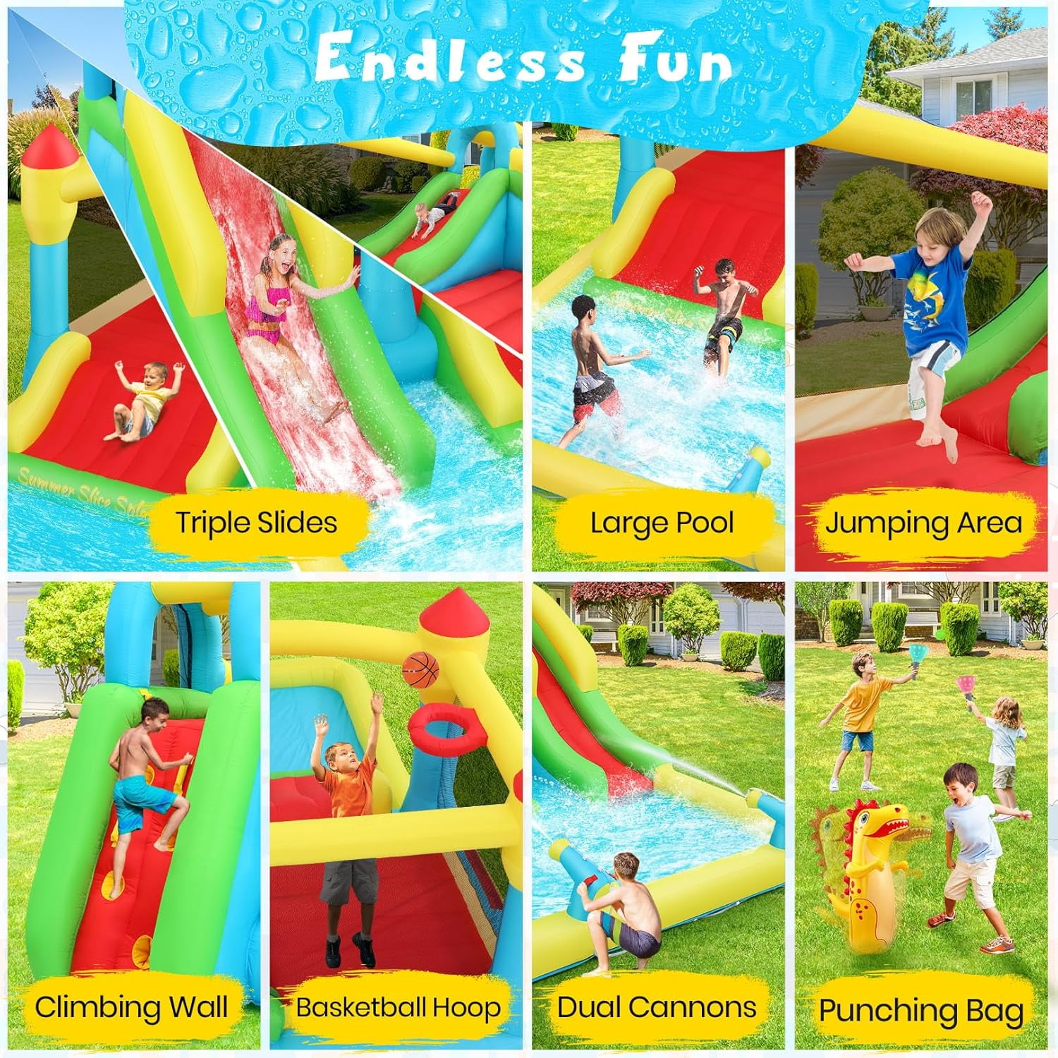 Veeboto Inflatable Water Slide with Blower, Water Park with Pool, Slide, Water Cannon, Climbing Wall, Basketball Hoop, Indoor Outdoor Bounce House for Backyard Party, Birthday Gift, Wet & Dry