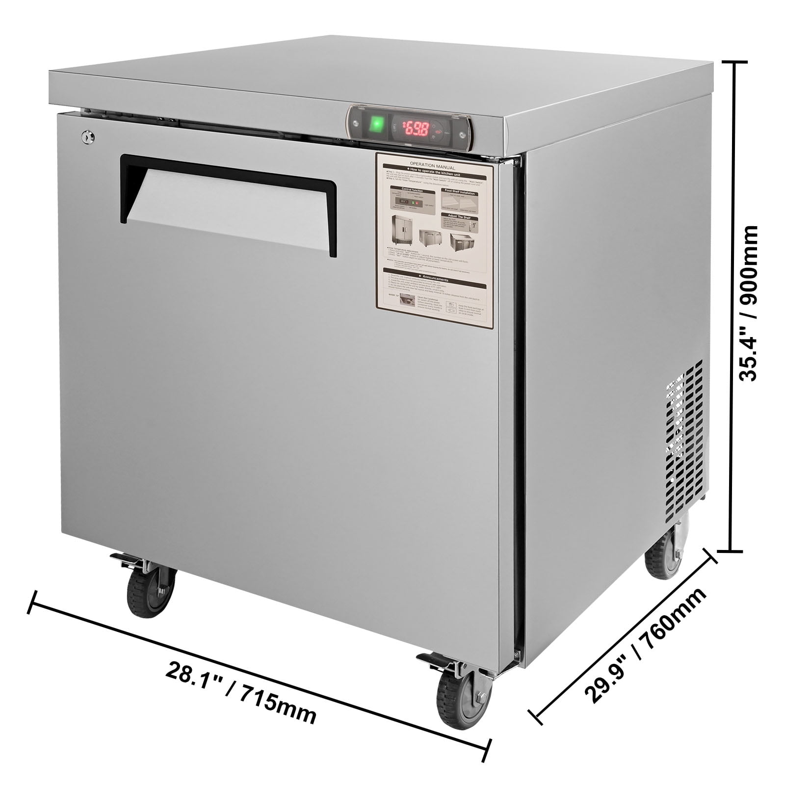 KFFKFF 28-inch Stainless Steel Undercounter Refrigerator, 7.4 Cu. Ft., with Fan Cooling and Lockable Door, Perfect for Kitchens and Bars