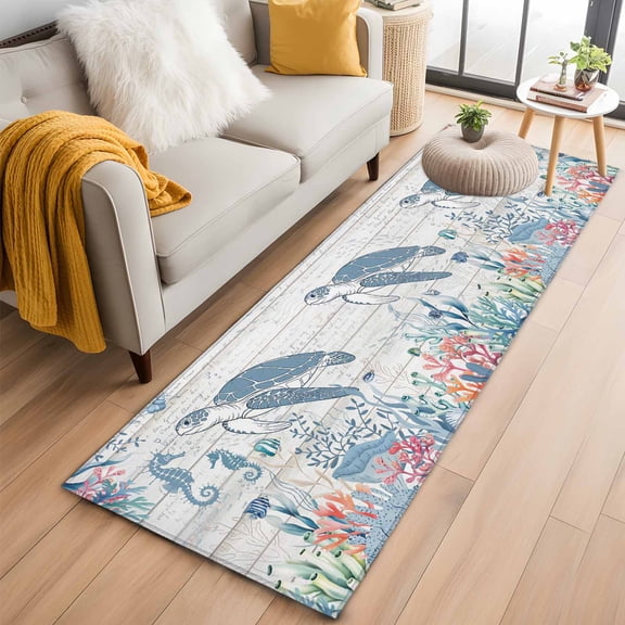 Coastal Turtle 2'x6' Runner Rugs for Hallway Kitchen Bedside Non Slip, Beach Nautical Ocean Coral Seahorse Vintage Entryway Rug Runners with Rubber Backing, Long Carpet Runner for Laundry Room