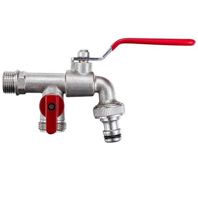Grifo doble Premium 1/2 pulgada rojo / Grifo doble latón con salida 2x 3/4 pulgada + e-Book/ Grifo exterior antioxidante y antihielo para jardín, hogar e industria ShuxiuWang 8390612977497