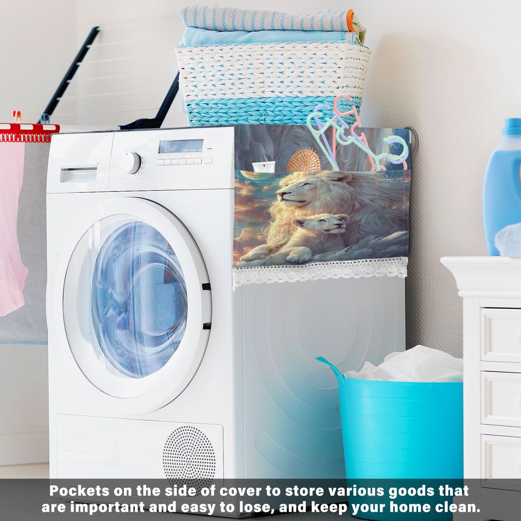 Washing Machine Cover 51.2x22in, Durable Polyester Dust Cover with Lace Trim and Side Pocket for Appliances White Maned Lions