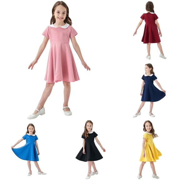 GobdXE Contrast Peter Pan Collar Short Sleeve Fit and Flare Swing Dress Back To School Uniform Dress for Girls Pink,13-14 Years
