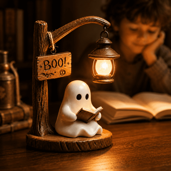Wodellrrea Halloween Lamp, Lighted Vintage Patchwork Ghost Reading Lantern - Boo 3D LED Cute Book Ghost Night Light Statue, Warm Glow Decor Halloween Lamps for Desks, Mantels & Tabletop Display