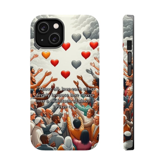 DistinctInk Tough Case for Apple iPhone 14 (6.1" Screen), Compatible with MagSafe Charging - "1 Peter 4:8 - Love Above All: A Summary"