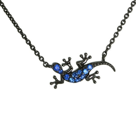 Plated Gecko - Dainty Sterling Silver Gecko Necklace Blue CZ Micropave Black Rhhodium Plated 3/4 inch (18mm) wide