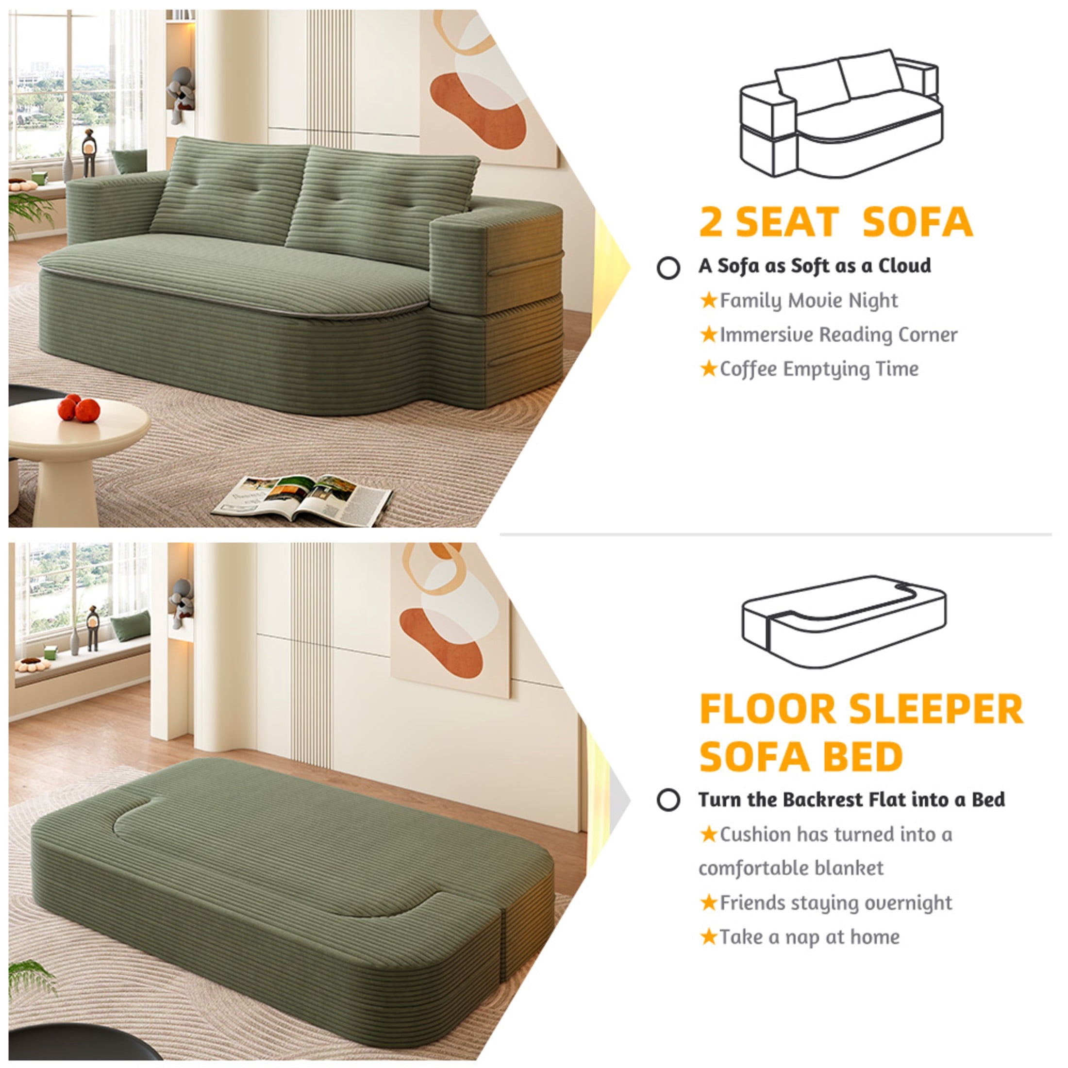 Noble House 79" Corduroy Convertible Floor Sofa Bed with Built-in Functional Blanket, Soft Pillows Sofa Couch, Coffee