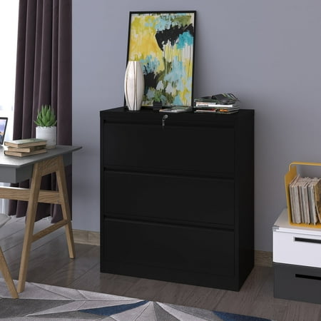 YITAHOME 3 Drawer File Cabinet with Lock Office Metal Steel Filing Organizer for A4/Letter/Legal, Black