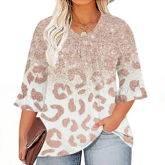 POTETI Shirts for Women Flowers Winter Casual Plus Size 3/4 Ruffled Sleeve Shirt Casual V-neck Pleated T-shirt Loose Fitting Shirt Khaki Womens Blouses and Tops