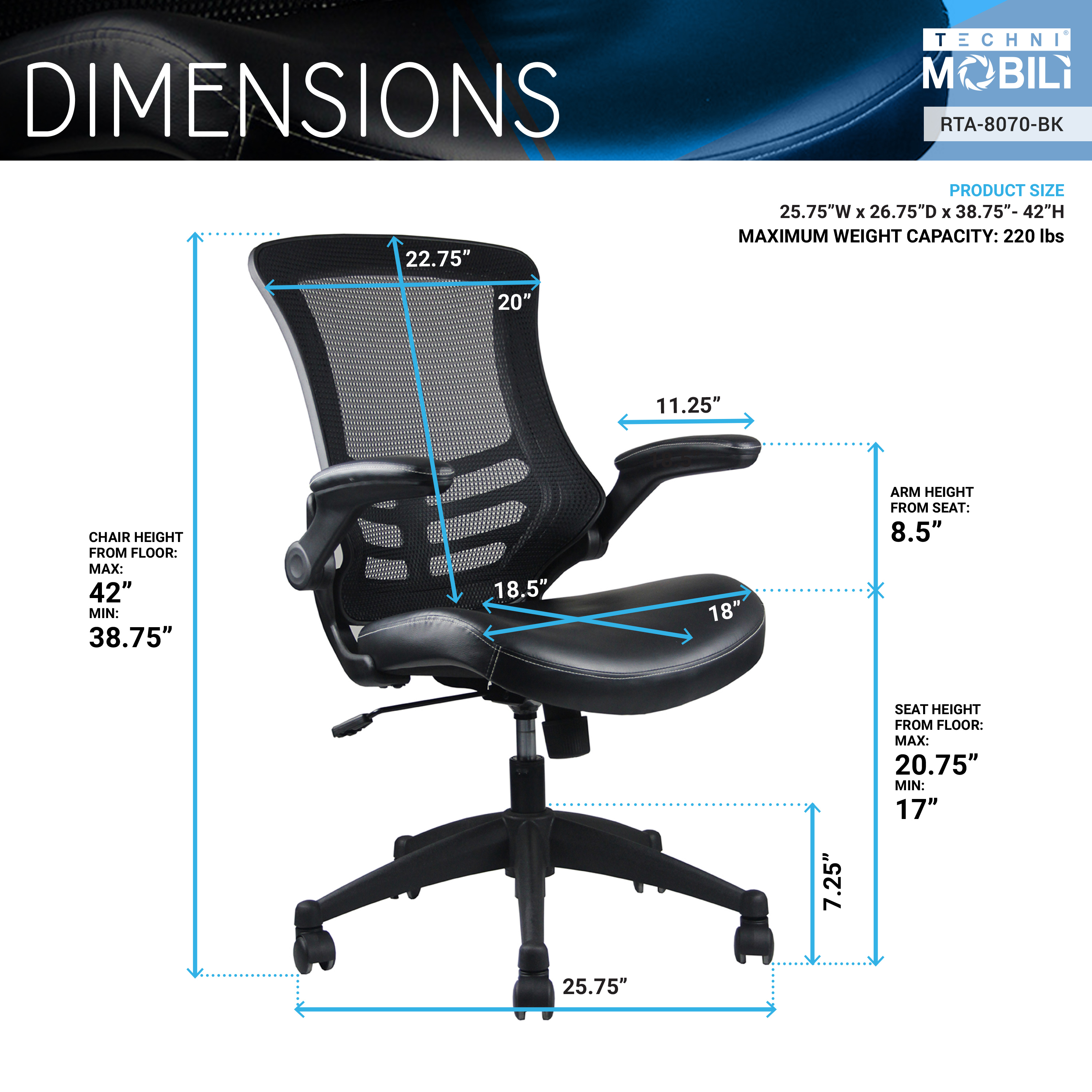 Techni Mobili Stylish Mid-Back Mesh Office Chair with Adjustable Arms ...