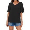 thumbnail image 2 of Womens T Shirts V Neck Summer Solid Color Short Sleeve Loose Casual Tunic Tops Shirts Blouses, 2 of 8
