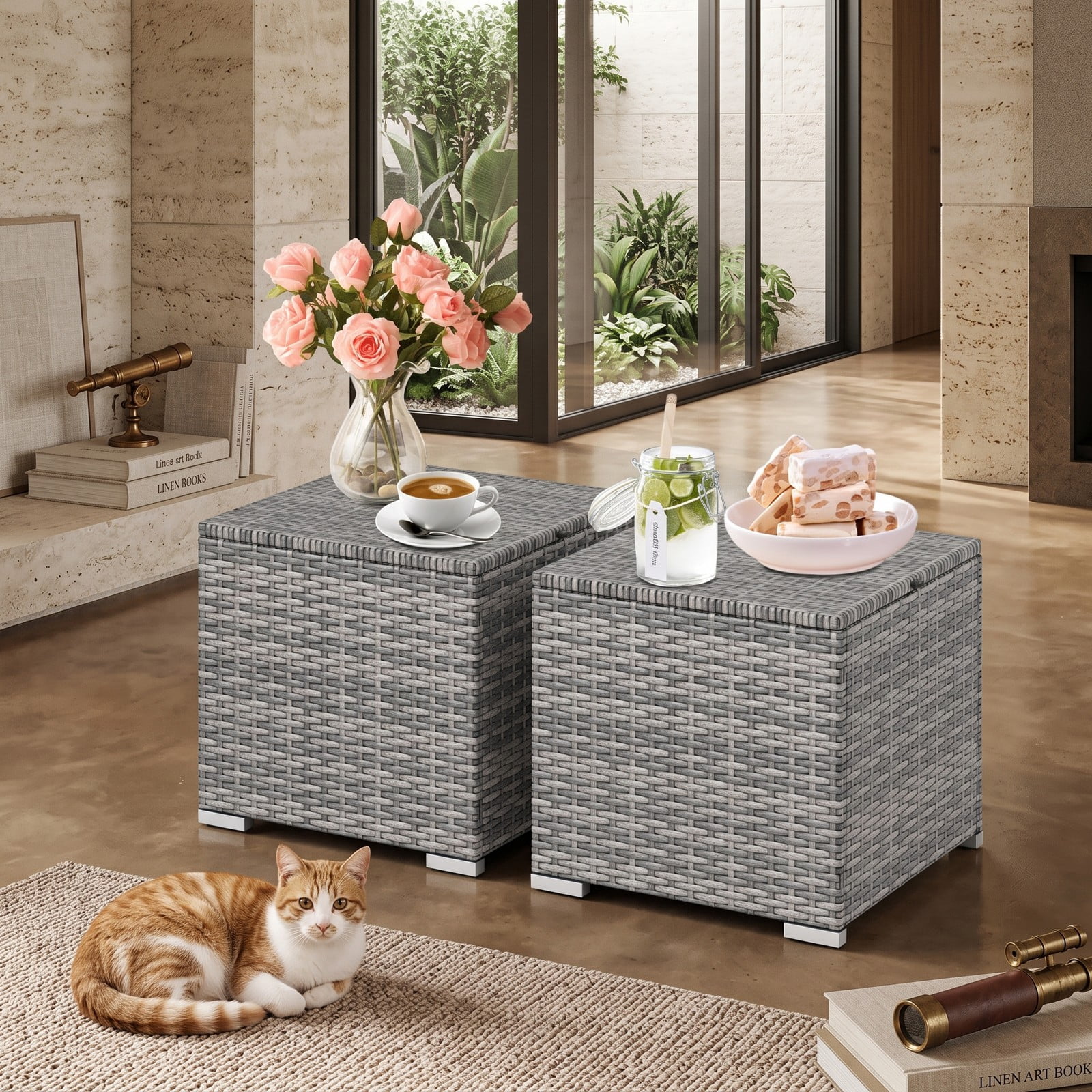 Furnibear Set of 2 Outdoor PE Wicker Patio Storage Ottomans with Hidden Space and Cushions for Foot Rest and Extra Seating, Gray