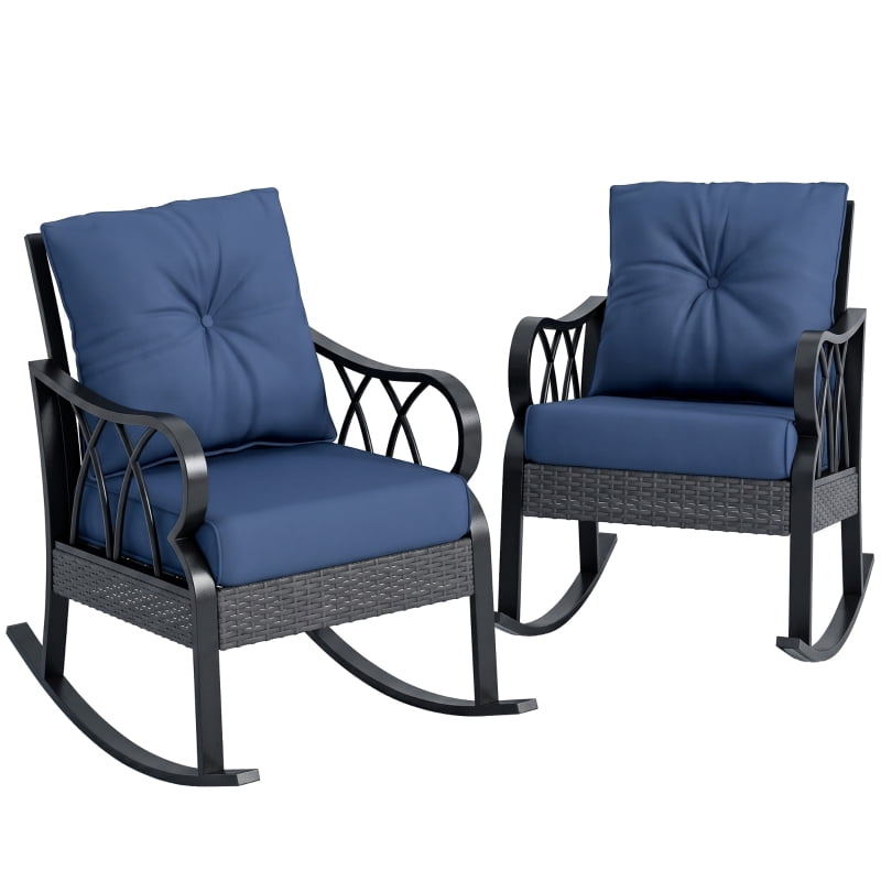 HOQBN 2-Piece Outdoor Wicker Rocking Chairs, Rattan Porch Rockers with Cushions, Aluminum Frame for Garden, Patio, Blue