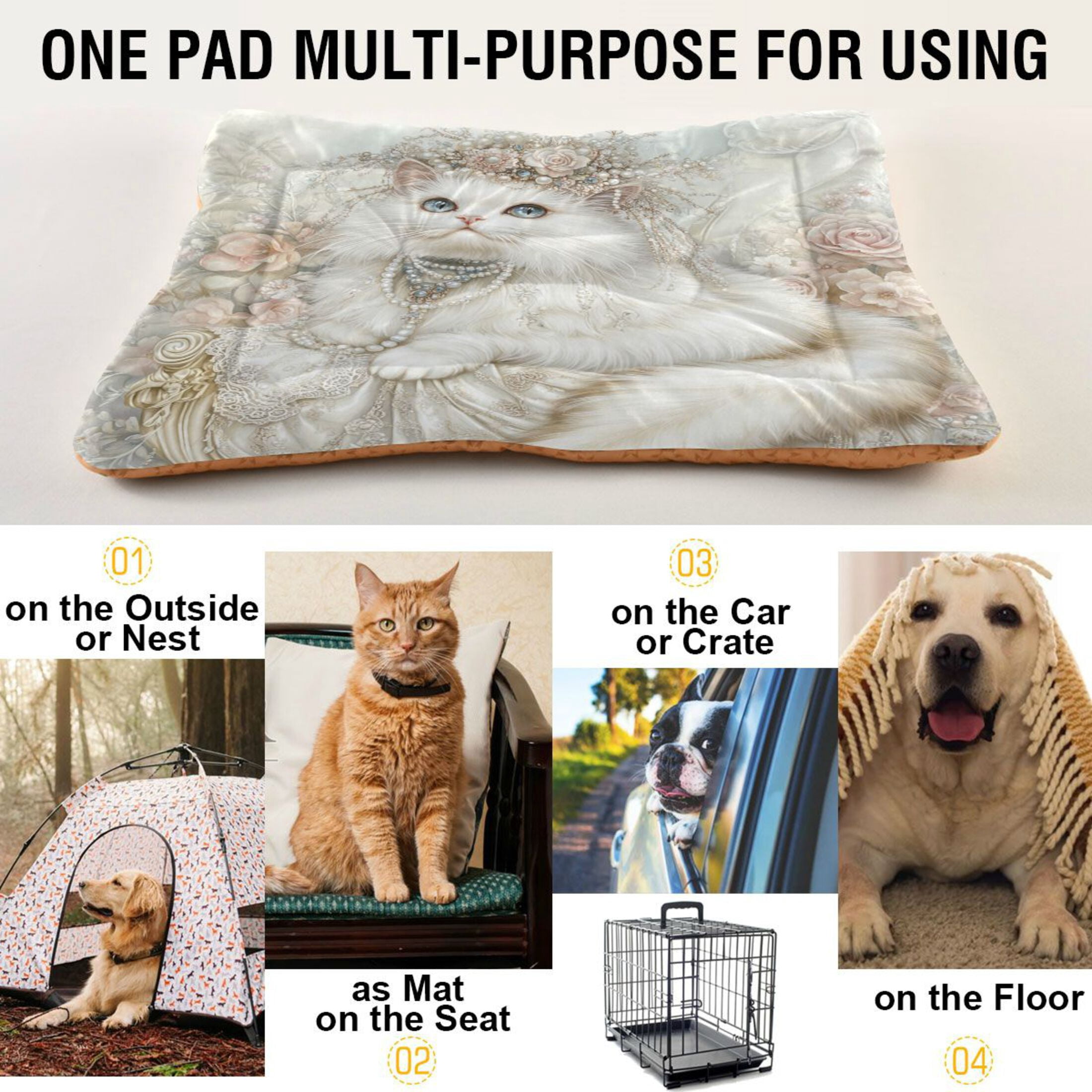 Qxltty Gorgeous White Cat Ped Pad Wear-resistant and Hard to Bite Through Sleeping Pad for Small Medium Large Dogs Winter Pet Bed 36×24in