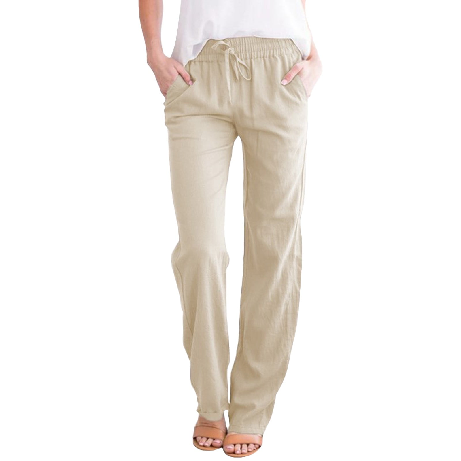 Women Solid Straight Solid Elastic Pants Long Drawstring Linen Women ...