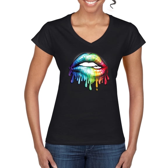 Wild Bobby, Colorful Neon Rainbow Biting Lips, Pop Culture, Women Standard V-Neck Tee, Black, Small