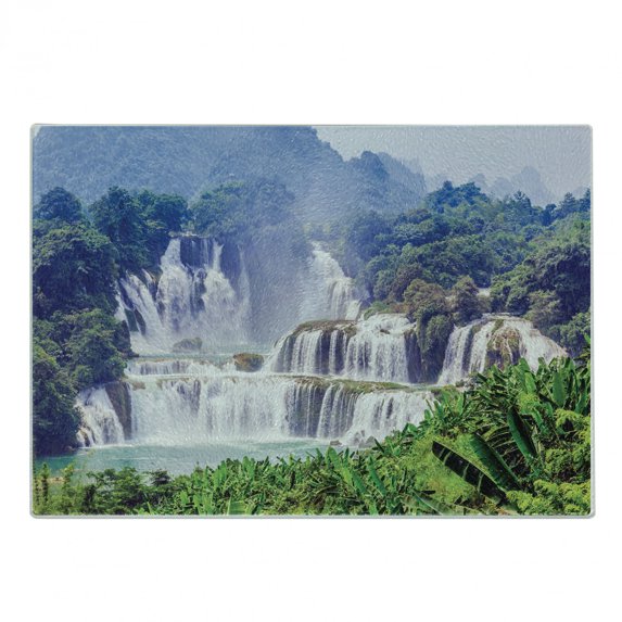 Nature Cutting Board, Waterfall Exotic Tropical Leaves Natural Swimming Pool Water Picture, Decorative Tempered Glass Cutting and Serving Board, Small Size, Forest Green Pale Blue, by Ambesonne