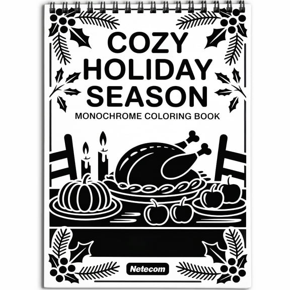 Cozy Holiday Season Monochrome Coloring Book Spiral Bound for Adult, Softcover, Relaxing One-Color Illustrations with Thanksgiving, Winter Scene for Mindfulness, Stress Relief