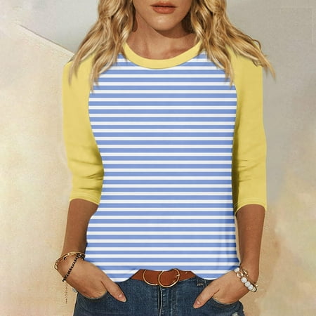 DDAPJ pyju Womens Raglan 3/4 Sleeve Tops Casual Striped T-shirts Color Block Baseball Shirt Loose Fit Mid-length Pullover Yellow M