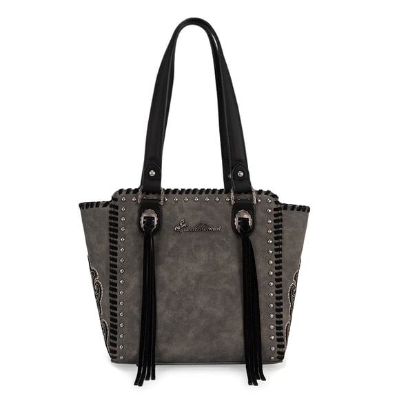 Montana West Western Tote Bag for Women Studded PU Leather Handbag with Fringe Tassel Fashion Medium Size Shoulder Purse Cowgirl Style Tote, Black