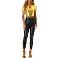thumbnail image 2 of INSPIRE CHIC Metallic Crop Tops for Women's Keyhole Short Sleeve Halloween Party Shiny Holographic Top M Gold, 2 of 5