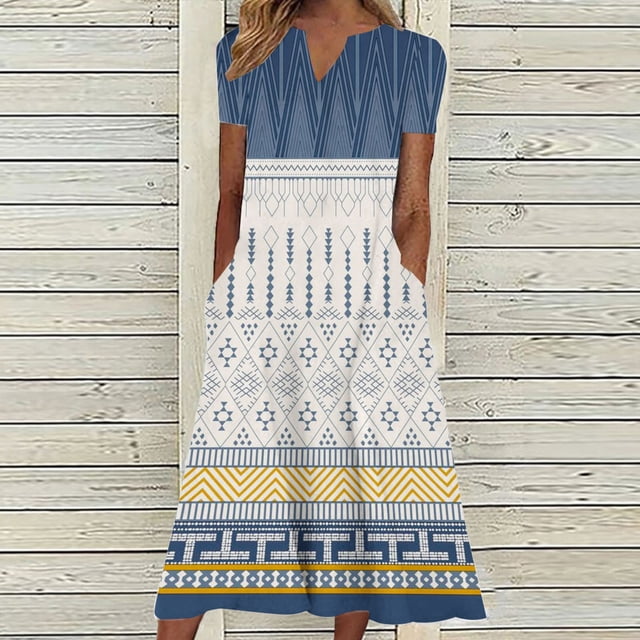 Robes pour Femmes 2024 Été Surdimensionné Décontracté Manches Courtes Col en V Robe Imprimée Robe Ample 50 % de Réduction!