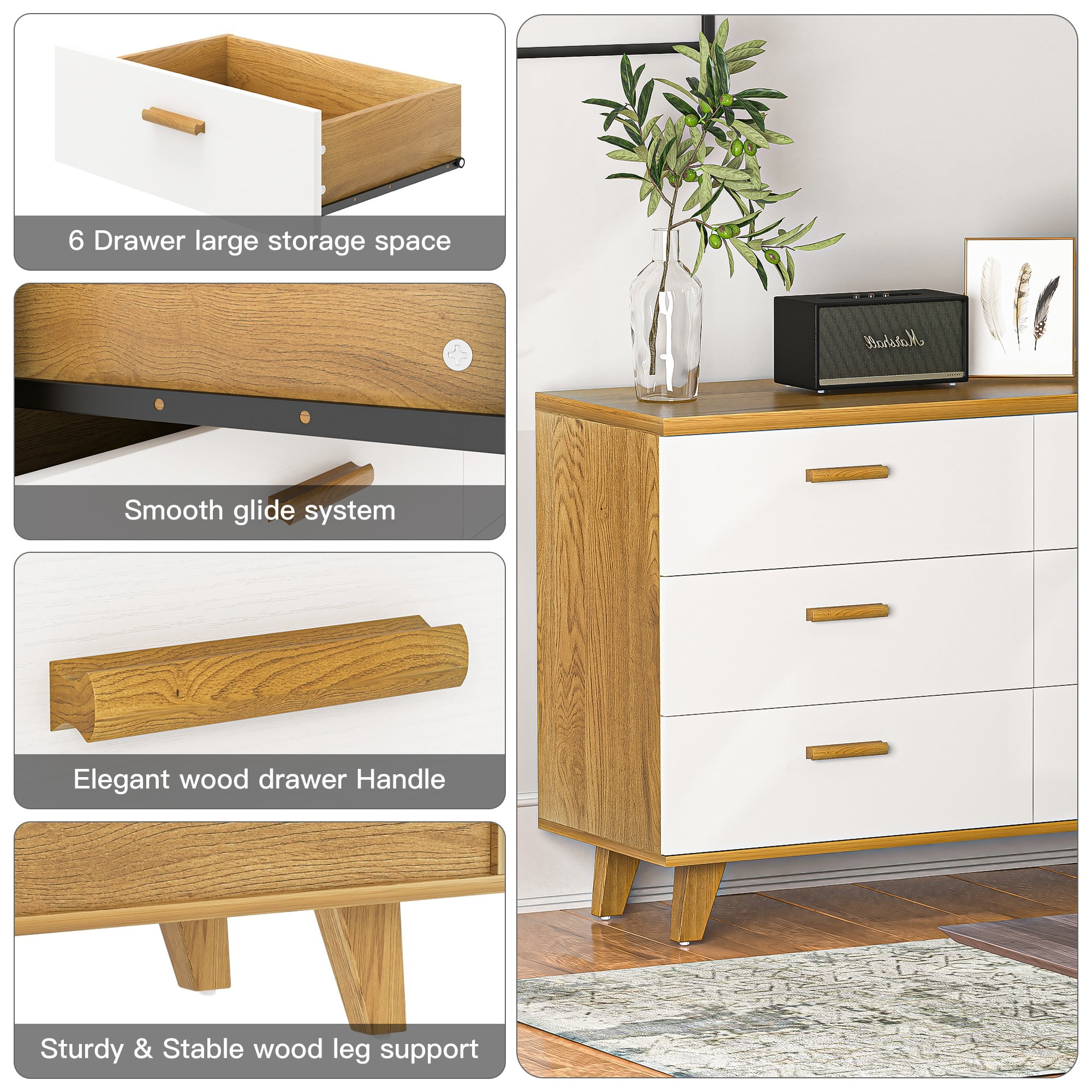 Finihen 6 Drawers Chest of Dressers, Wood Double Dresser Storage Cabinet with Handle Table Leg for Bedroom, Living Room and Hallway, Beige Finihen 6 Drawers Chest of Dressers, Wood Double Dresser Storage Cabinet with Handle Table Leg for Bedroom, Living Room and Hallway, Beige