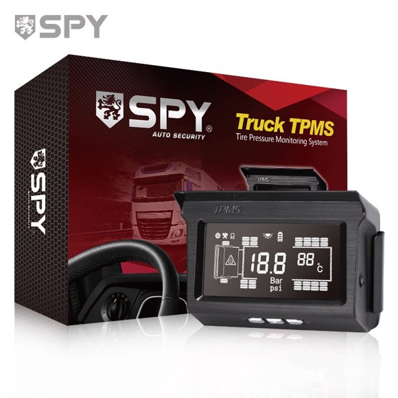 SPY car 10 wheel real-time tire pressure monitoring (TPMS) for buses, coaches, campers, and trucks. Solar-powered 14Bar air pressure detection.