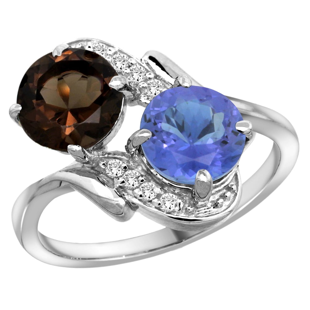 14k White Gold Diamond Natural Smoky Topaz & Tanzanite Mother's Ring Round 7mm, size 5.5 by Gabriella Gold