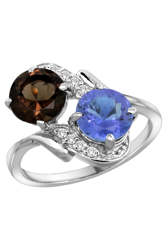 14k White Gold Diamond Natural Smoky Topaz & Tanzanite Mother's Ring Round 7mm, size 9