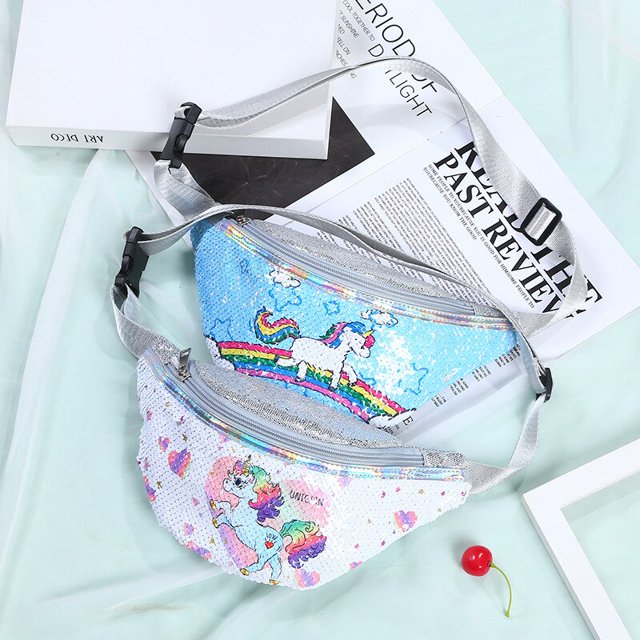 Fashion Pink Fanny Pack Sequins Print Children's Shoulder Belt Bags Kids Phone Pouch Cartoon Unicorn Waist Bag For Women/GirlG He Qiyong unisex