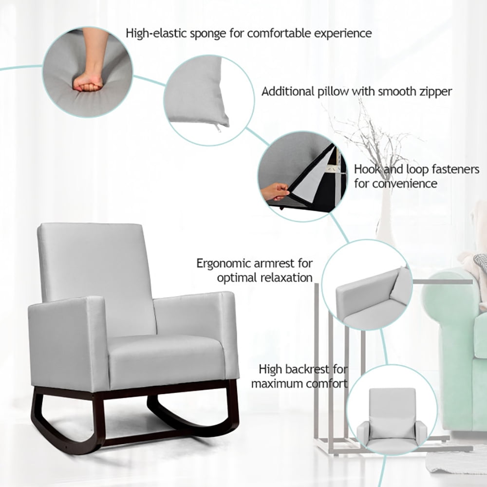 Barara King Rocking Chair Nursery Glider, Comfy Rocker Nursery Chair, 2-in-1 Fabric Upholstered Rocking Chair with Pillow-Light Gray