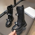 thumbnail image 2 of Quealent Girls Leather Riding Knee High Boots with Side Zipper Fashion Round Toe Comfortable Low Heel Lace Up Combat Boots Lug Sole Motorcycle Boots Little Kid/Big Kid Black for Size 2, 2 of 9