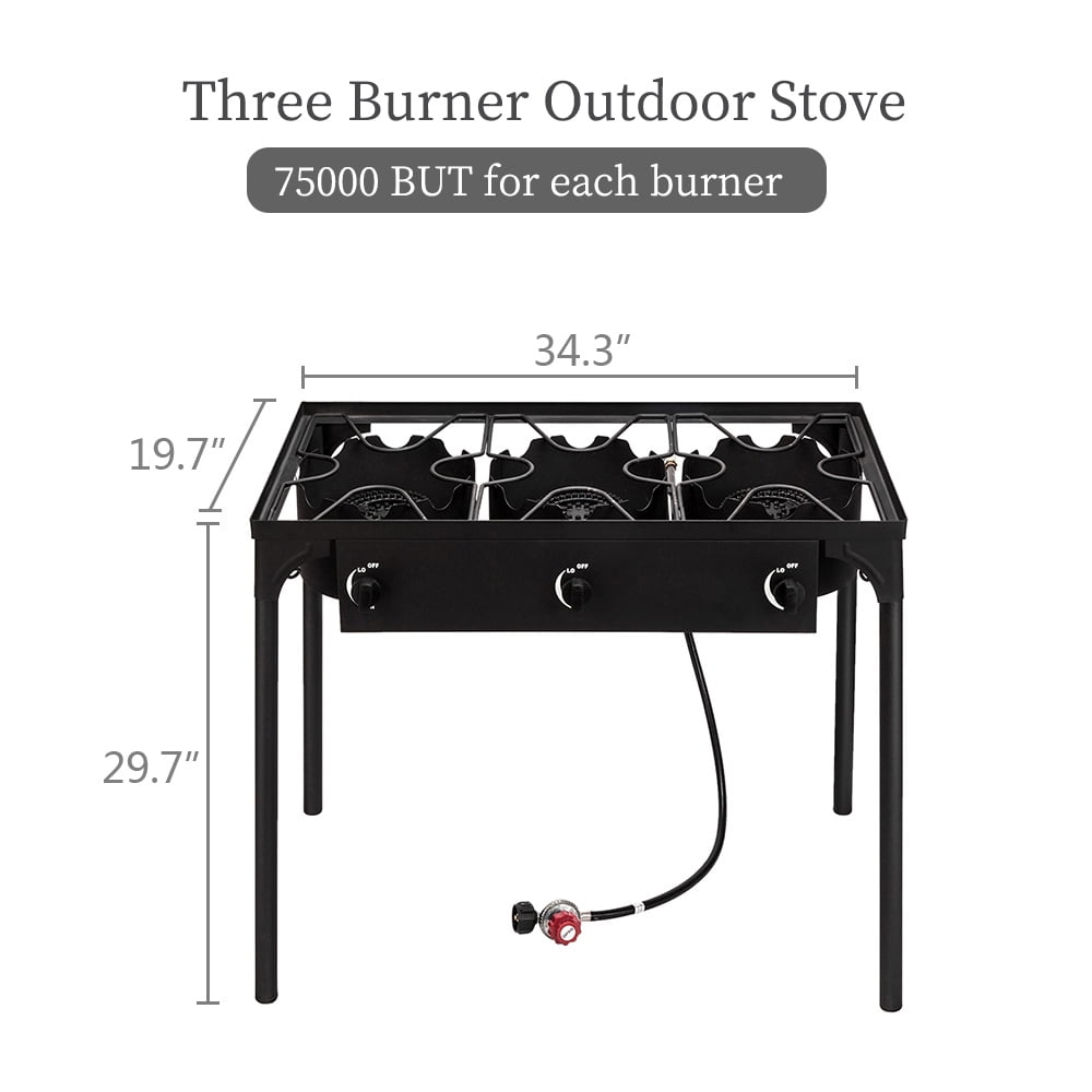 Demi Bonn 34" Outdoor Triple Burner Gas Stove with Portable Iron Construction, High Pressure Propane, Cooking Burner for Camping, Black