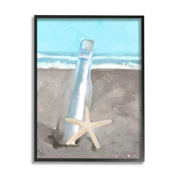 Message Bottle Beach Shore Coastal Graphic Art Black Framed Art Print Wall Art