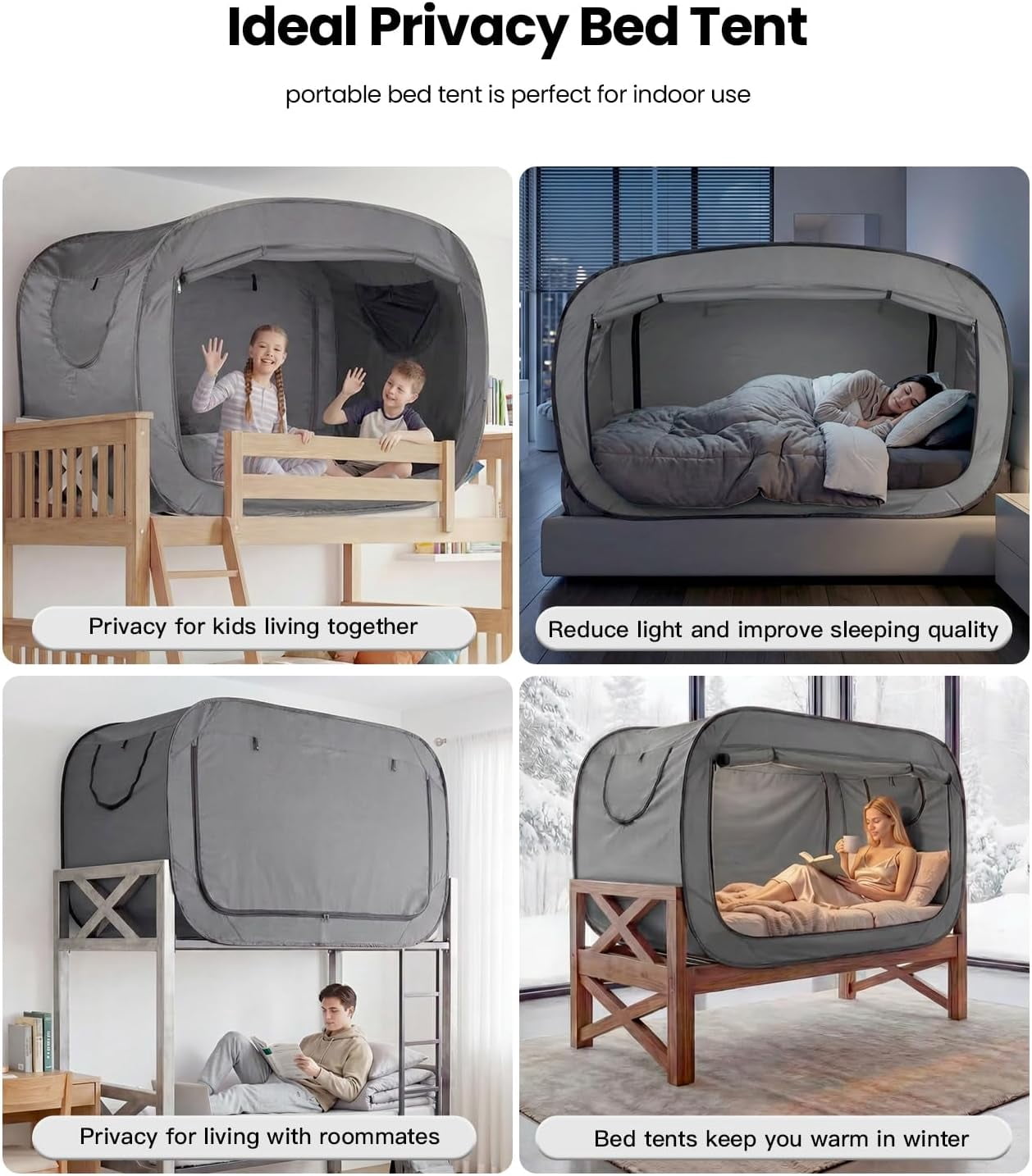 Bed Tent Full Bed Canopy Portable Dream Tent for Adult Indoor Sleeping Tents with 2 Doors Breathable Private Space Tents, Grey