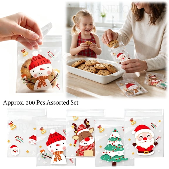 200pcs Christmas Clear Cellophane Bags, Self Adhesive Candy Cookie Bags Small Plastic Goodie Bags with Snowflake Xmas Trees Bag for Xmas Party Favor Supply