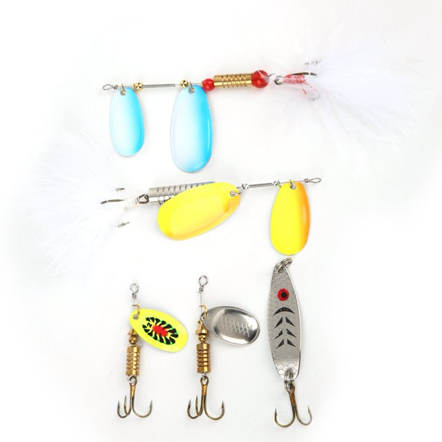 Señuelos tipo cuchara de pesca de Metal portátil, conjunto de cebos giratorios, aparejos de cebo de plumas de lentejuelas