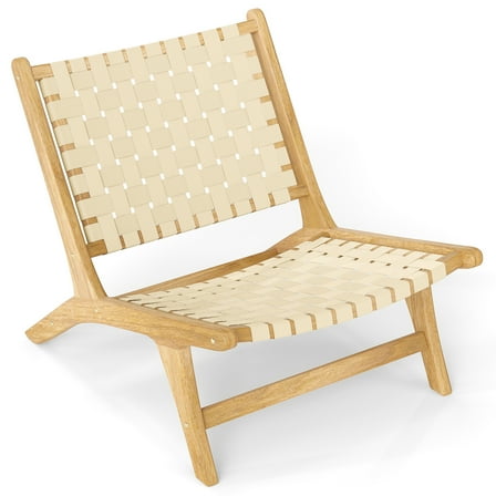 Gymax Teak Wood Patio Chair w/Webbing Seat & Backrest Mid-century Accent Chair