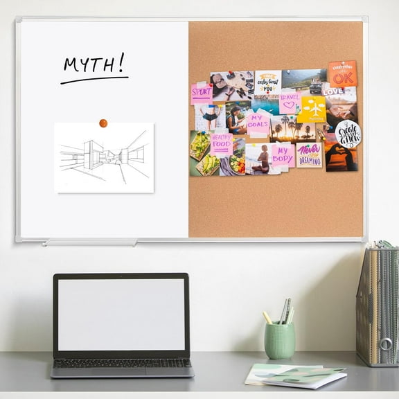 Cork Bulletin Board, 36 X 24 Inches White Magnetic Dry Erase Board, Large Wall Mounted Message Vision Notice Memo Pin Board for Office, Home and School