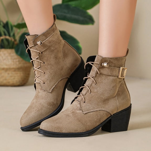 OKBOP Women's Tan Lace-Up Boots Round Toe Block Heel Memory Foam Khaki Stylish Women's Boots Sizes 36