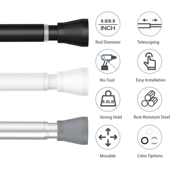 JUNCHI-Silver Tension Curtain Rod 16 to 26 Inch, 7/8” Diameter Spring Loaded Curtain Rods, Small Tension Rod for Window, Kitchen, Bathroom, Closet