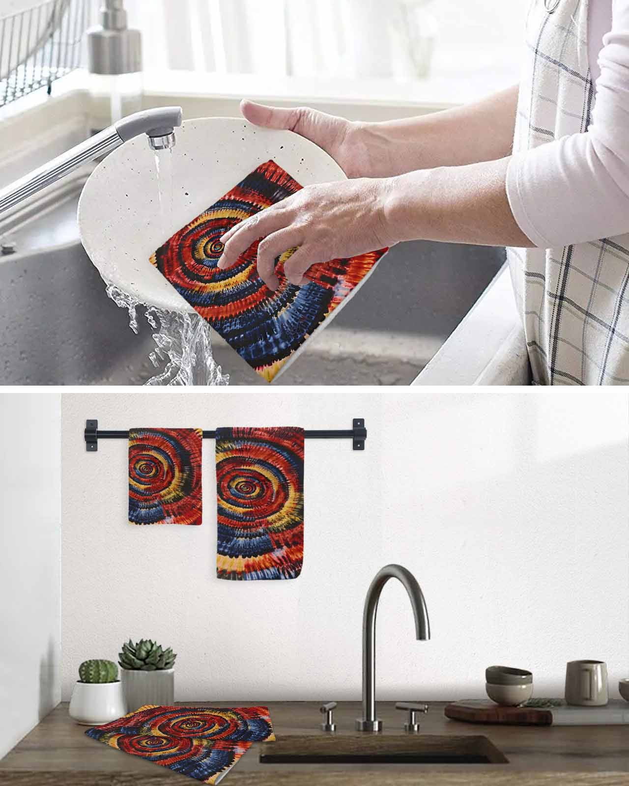 Red Yellow Blue Kitchen Dish Towels for Drying Dishes Set of 4, Ethnic Geometric Art Modern Abstract Waffle Weave Microfiber Terry Hand Tea Bathroom Towels Quick Dry & Absorbent Towel 12x12